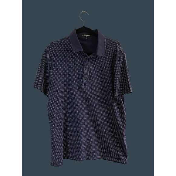 EXPRESS- MENS NAVY W/ WHITE DOTS SHORT SLEEVE POLO SHIRT SIZE LARGE - Picture 1 of 7